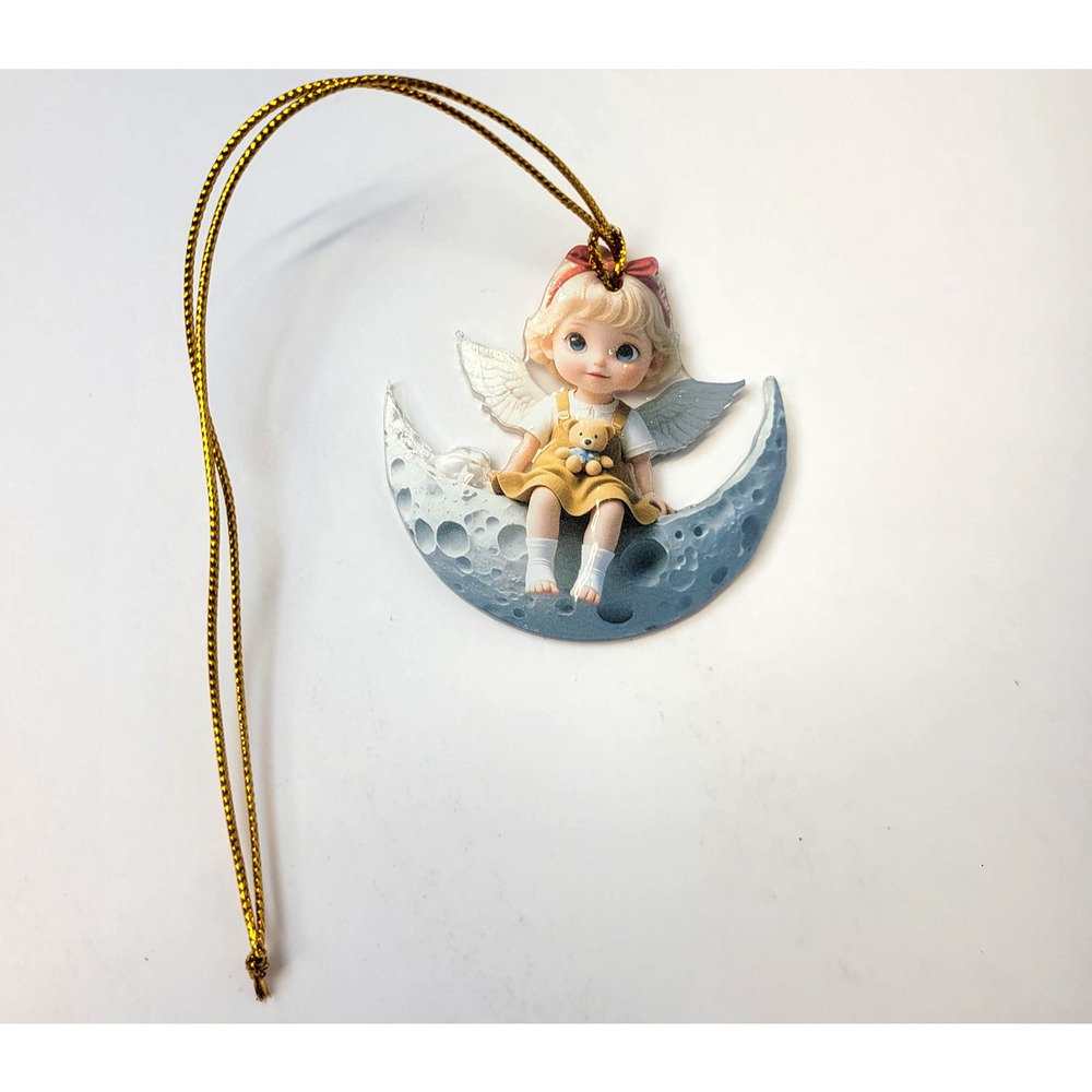 Angel Girl On Moon Christmas Ornament Small Gold Cord Hanging Decor New